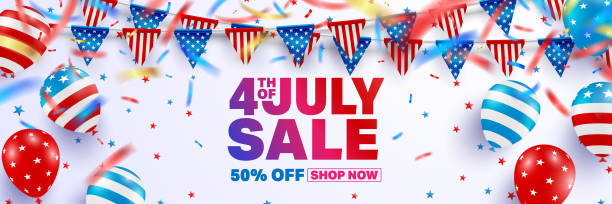 4 июля продажа шаблон плаката. сша день независимости с американским флагом воздушных шаров. сша 4 июля продажа рекламный баннер шаблон для � - july 4 stock illustrations
