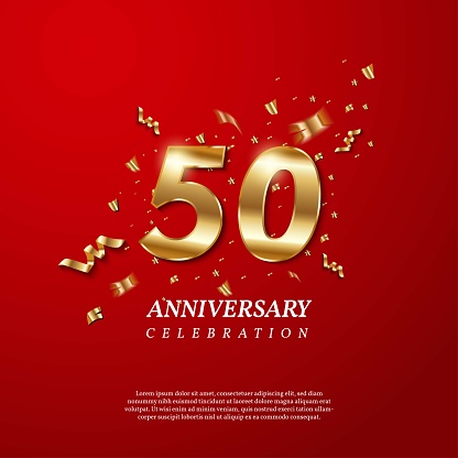 50th Anniversary celebration. Golden number 50 with sparkling confetti, stars, glitters and streamer ribbons on red background. Vector festive illustration. Birthday or wedding party event decoration