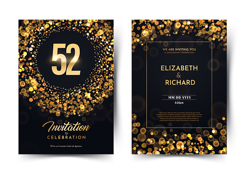 52nd years birthday vector black paper luxury invitation double card. Fifty two years wedding anniversary celebration brochure. Template of invitational for print dark background with bokeh lights