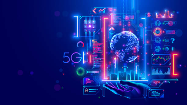 5g internet communications concept. IOT technology in smart city of future. Global wireless network connection. telecommunications system in urban infrastructure. Hi speed world wide web. Wi-fi. vector art illustration
