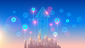 5g lte network logo over the smart city with icons of town infrastructure. devices connection via high speed, broadband telecommunication wireless internet. Skyscrapers in sunrise
