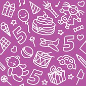 Happy birthday pattern with funny toys and number 5