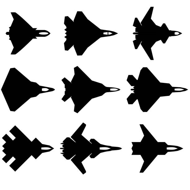 6th generation fighters vector illustration icons showing current and advanced/planned models of potential fighter aircraft and drone models for the 21st century. 6th generation fighters vector illustration icons showing current and advanced/planned models of potential fighter aircraft and drone models for the 21st century.  These icons represent high-tech and stealthy aircraft.  There are 9 icons. defense industry stock illustrations