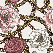 A fancy retro late 80s early 90s vintage baroque chain pattern with poofy roses.
