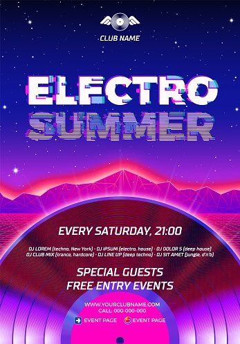 80s party poster with blue background and vinyl lp for Electro Sumer retro rave