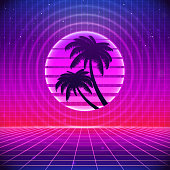 80s Retro Sci-Fi Background with Palms. Vector futuristic synth retro wave illustration in 1980s posters style. Suitable for any print design in 80s style