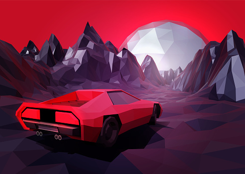 80s Retro Sci-Fi Design. Low Poly Vector Illustration of Supercar in Mountains Lanscape and Big Chrome Orb on the Horizon
