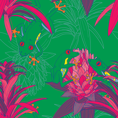 90s does the 70s Retro Style Bright Tree Frog and Floral Bromeliad Seamless Patterns