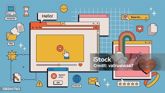 istock 90s retro vaporwave aesthetics digital screen user interface. Cute old computer ui elements, nostalgic pc icons and dialog boxes vector set 1383447162