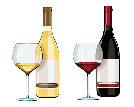 a bottle of red and white wine and two filled glasses. white background