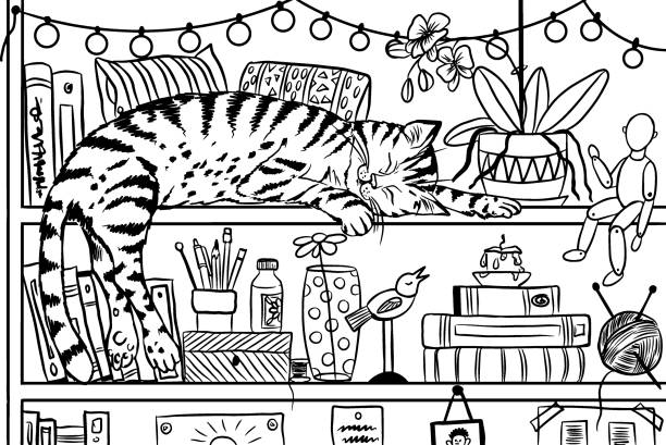a cat on a bookshelf a cat on a bookshelf, a black-and-white outline drawing by hand, a coloring book, a page for coloring. white background cute cat coloring pages stock illustrations