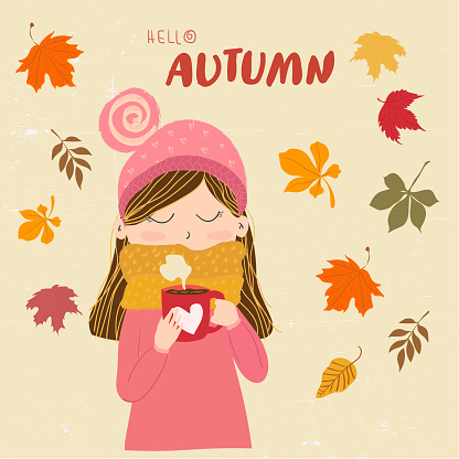 a cute girl in warm sweater with scarf holding coffee cup with hello autumn message. autumn card template.