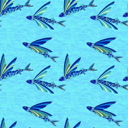a flock of flying fish on the sea fly. fish over water.