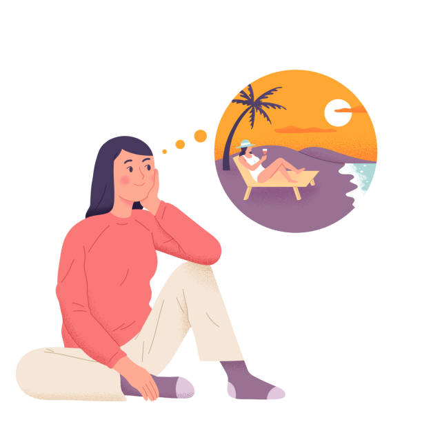 ilustrações de stock, clip art, desenhos animados e ícones de a girl daydream about vacation in a sunset beach while drinking - dream
