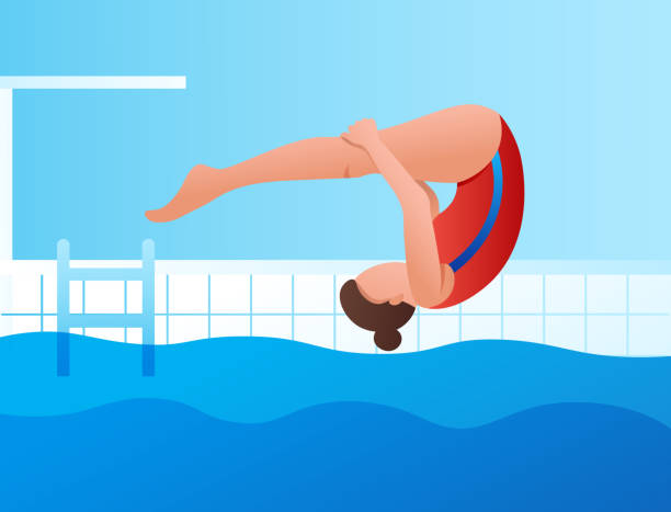 a girl jumps from a springboard into a pool of water. Sports competition, championship, training. Healthy lifestyle. a girl jumps from a springboard into a pool of water. Sports competition, championship, training. Healthy lifestyle. Vector illustration clip art of kid jumping on trampoline stock illustrations