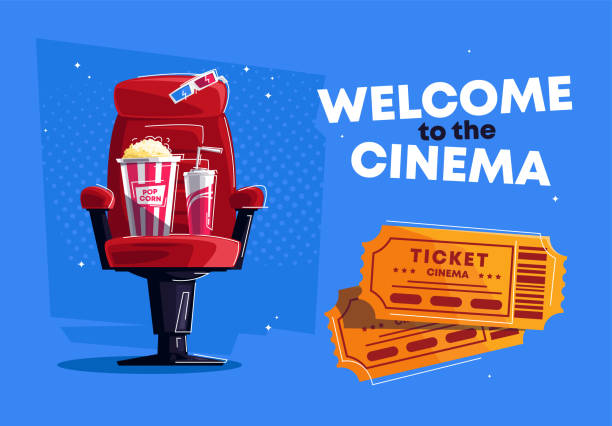 ilustrações de stock, clip art, desenhos animados e ícones de a package of popcorn with soda lies on a red seat from the cinema, with 3d glasses and movie tickets, the inscription welcome to the cinema - tv studio
