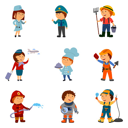 a set of cartoon children of different professions, vector isolated on a white background