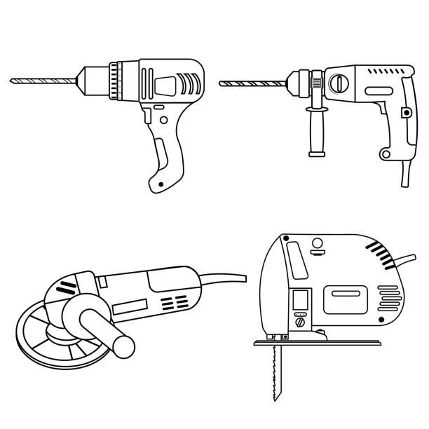 ilustrações de stock, clip art, desenhos animados e ícones de a set of construction tools drill, jigsaw grinder and puncher black contour - plastic hammers