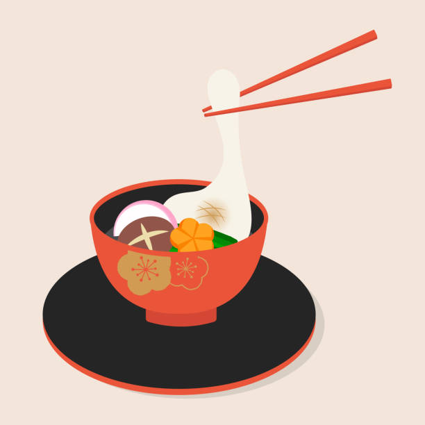 ゾーニと呼ばれる新年の米ケーキ、野菜、その他の食材を使った伝統的な日本のスープ - おせち料理点のイラスト素材／クリップアート素材／マンガ素材／アイコン素材