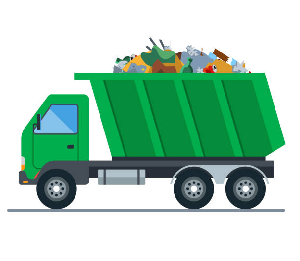 a truck loaded with garbage goes to a landfill a truck loaded with garbage goes to a landfill. flat vector illustration garbage stock illustrations