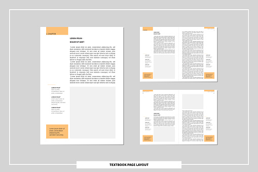 a4 text book page layout template. concept of author self publishing. spreadsheet with facing pages, body text, headlines and footnotes for definitions