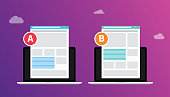 ab a b split testing concept with two business men compare test result between 2 page of website design comparison - vector illustration