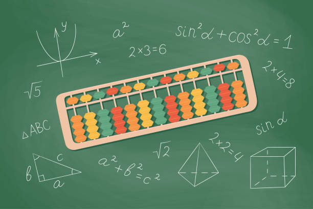 Abacus soroban for learning mental arithmetic for kids. Concept of illustration of the Japanese system of mental math. Abacus soroban for learning mental arithmetic for kids. Concept of illustration of the Japanese system of mental math. Hand drawn vector illustration on school chalkboard background abacus stock illustrations