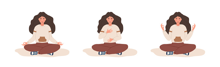 Abdominal breathing. Woman practicing belly breathing for good relaxation. Breath awareness yoga exercise. Meditation for body, mind and emotions. Spiritual practice. Flat cartoon vector illustration