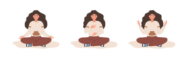 복부 호흡. 좋은 휴식을 위해 배꼽 호흡을 연습하는 여성. 호흡 인식 요가 운동. 몸, 마음, 감정에 대한 명상. 영적 연습. 플랫 만화 벡터 일러스트레이션 - 들이마심 stock illustrations