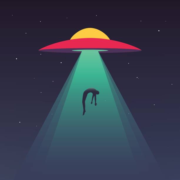 UFO abducts human UFO abducts human. Space ship UFO ray of light in the night sky. Vector illustration in flat style spaceship stock illustrations