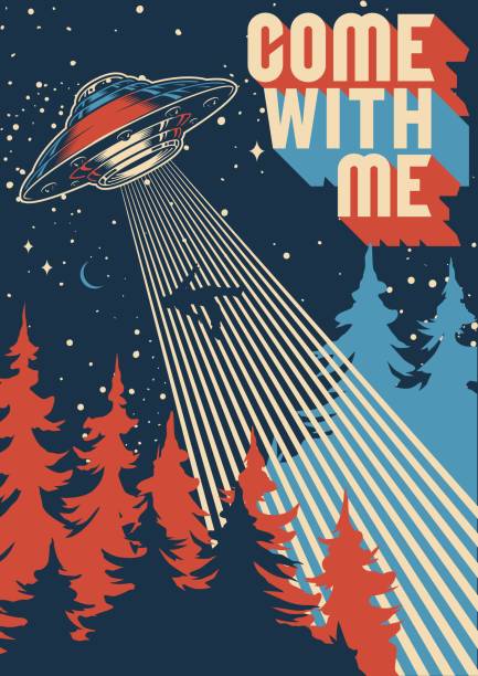 ufo adam renkli poster kaçırıyor - ufo stock illustrations
