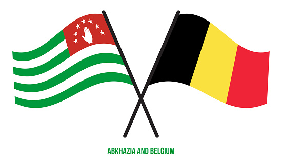 Abkhazia and Belgium Flags Crossed And Waving Flat Style. Official Proportion. Correct Colors.