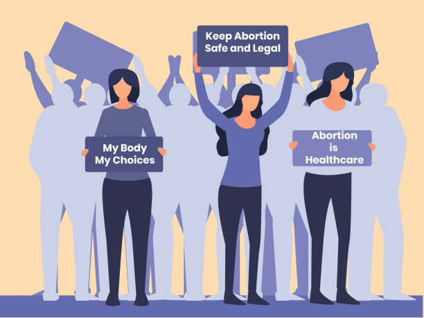 Abortion Pro-choice activists rally Abortion vector concept: Abortion Pro-choice activists rally while carrying banner abortion protest stock illustrations