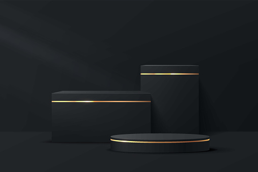 Abstract 3D black, golden stripe cylinder pedestal and cube podium with luxury dark minimal wall scene for product display presentation. Vector rendering geometric platform with light and shadow.