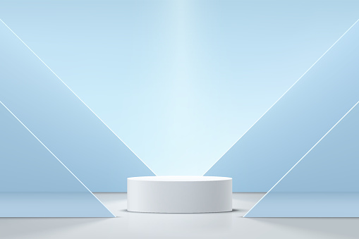Abstract 3D white cylinder pedestal podium with blue glass triangle shape layers backdrop. Pastel blue minimal wall scene for product display presentation. Vector geometric rendering platform design.