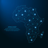 istock Abstract Africa map created from lines and bright points in the form of starry sky, polygonal wireframe mesh and connected lines. Low poly Africa continent. Vector 1313422919