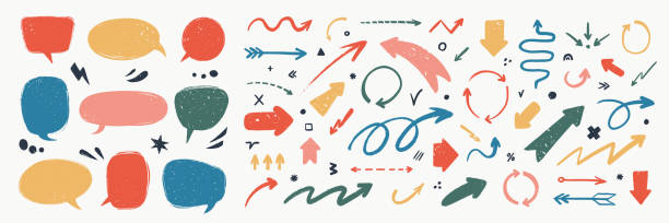 Abstract arrows and Speech bubbles set. Various doodle arrows and talk balloons with grunge texture. Hand-drawn abstract vintage infographic Vector collection Abstract arrows and Speech bubbles set. Various doodle arrows and talk balloons with grunge texture. Hand-drawn abstract vintage infographic Vector collection presentation speech drawings stock illustrations
