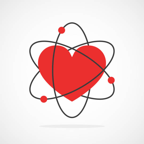Abstract atom icon. Vector illustration. Atom with kernel in heart shape in flat design. Vector illustration. Symbol of the molecule or atom, isolated. proton stock illustrations