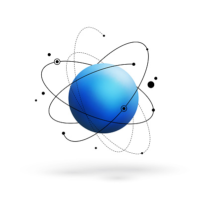 Abstract atom with core and orbits with electrons. Vector illustration. 3D chemical technology concept. Molecule model