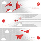 Vector of paper airplane, origami paper birds and airplane with color pattern background banner set. EPS Ai 10 file format.