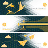 Vector of paper airplane, origami paper birds and airplane with color pattern background banner set. EPS Ai 10 file format.