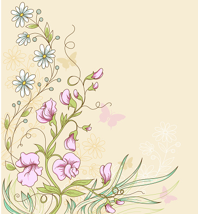 Abstract background of a vine with flowers and butterflies