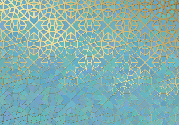 Abstract background with islamic ornament, arabic geometric texture. Golden lined tiled motif. Abstract background with islamic ornament, arabic geometric texture. Golden lined tiled motif over colored background with stained glass style. arabic style stock illustrations