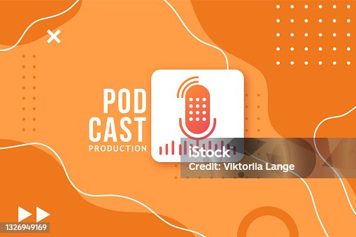 istock Abstract banner for a podcast. Studio microphone button on a bright orange background in memphis style. Vector design template. 1326949169