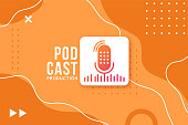 istock Abstract banner for a podcast. Studio microphone button on a bright orange background in memphis style. Vector design template. 1326949169
