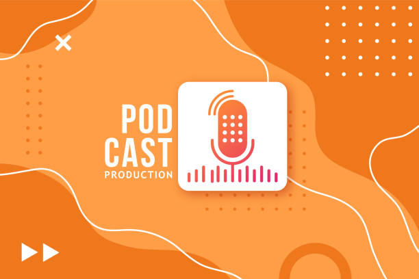 Abstract banner for a podcast. Studio microphone button on a bright orange background in memphis style. Vector design template. Abstract banner for a podcast. Studio microphone button on a bright orange background in memphis style. Vector design template. flat lay stock illustrations