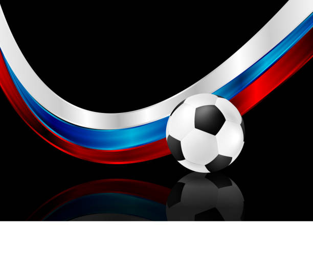 Abstract black background with soccer ball and Russian flag Abstract black background with soccer ball and Russian wavy flag. Football vector design background of a classic black white soccer ball stock illustrations