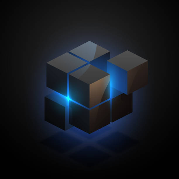 illustrazioni stock, clip art, cartoni animati e icone di tendenza di cubo nero astratto con luce blu - cubo