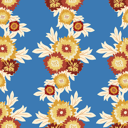 Abstract blanket flower bouquet vector seamless botanical pattern background. Yellow orange red wild meadow flowers on bright blue backdrop. Vertical column geometric modern hand drawn floral repeat.