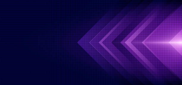 Abstract blue and purple arrow glowing with lighting and line grid on blue background vector art illustration